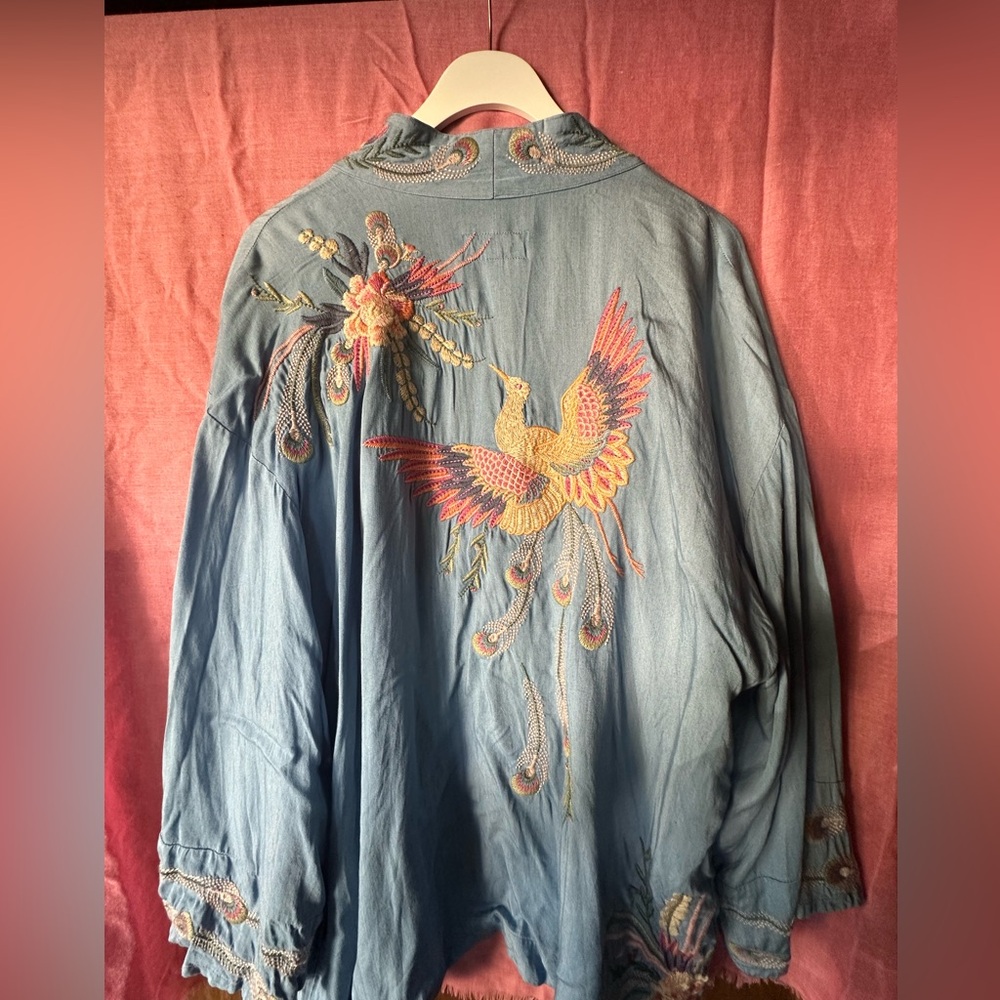 Johnny Was Blue Embroidered Crane Jacket with Pink Yellow Orange Accents - Picture 8 of 11